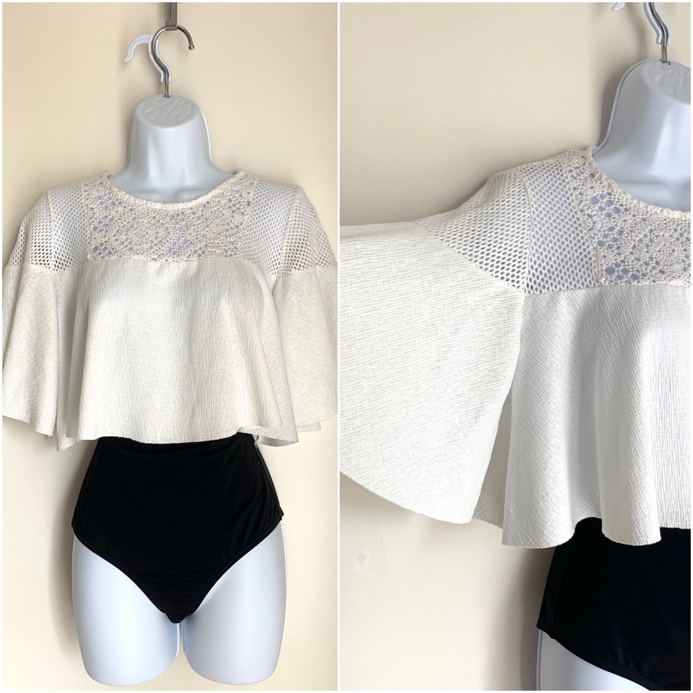 zara crop with billow sleeves and crochet neckline